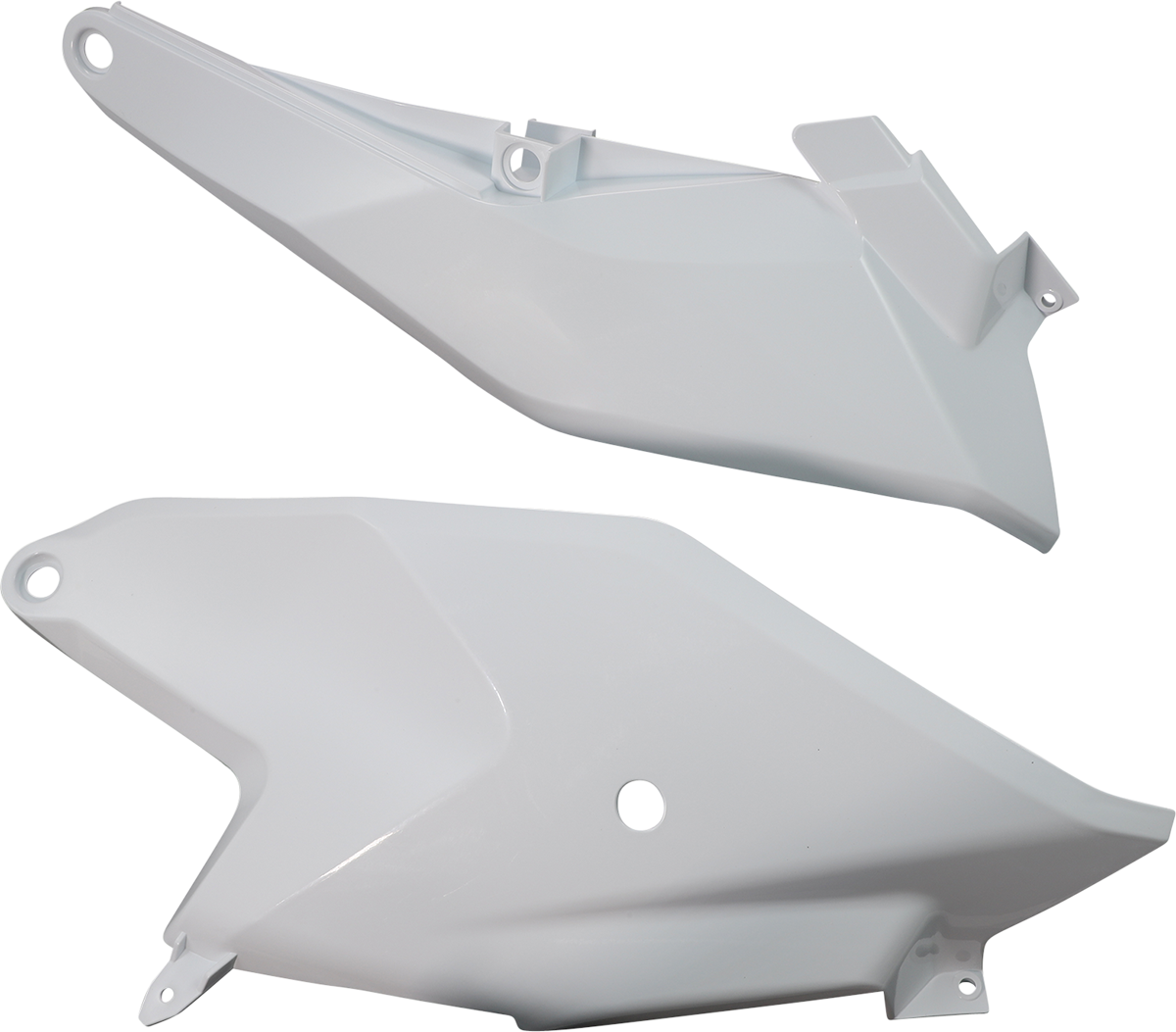 Acerbis white side panels for motorcycle body, showing sleek design and mounting points, compatible with various bike models.