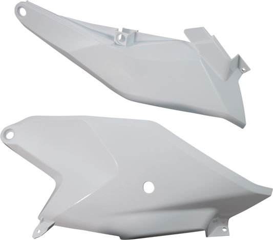 Acerbis white side panels for motorcycle body, showing sleek design and mounting points, compatible with various bike models.