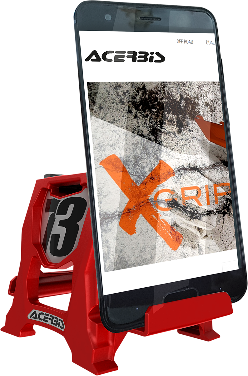 A red Acerbis phone stand designed for body support, featuring a sturdy construction and a vibrant red finish.