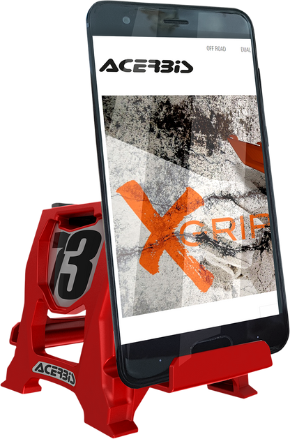 A red Acerbis phone stand designed for body support, featuring a sturdy construction and a vibrant red finish.