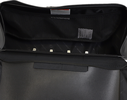 Bill's Exhausts SADDLEMEN Drifter Slant Saddlebags, Extra Jumbo 3501-0321, mounted on motorcycle seat with black leather finish.