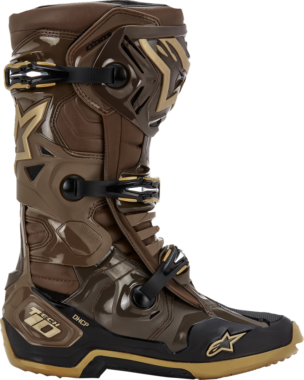 Alpinestars Limited Edition Squad '23 Tech 10 motorcycle boots in brown and gold with US 9 size, featuring protective design.
