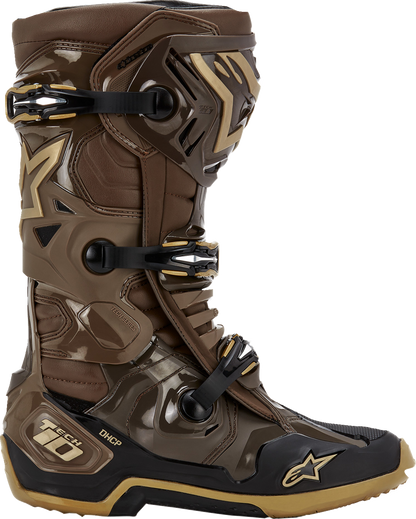 Alpinestars Limited Edition Squad '23 Tech 10 motorcycle boots in brown and gold, US size 10, with rugged design and protective features.