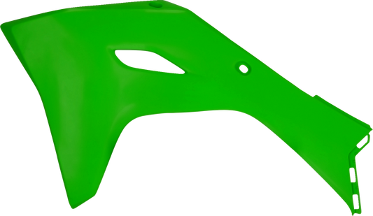 Green Acerbis radiator shrouds for motorcycle body panels, featuring a sleek design and vibrant color.