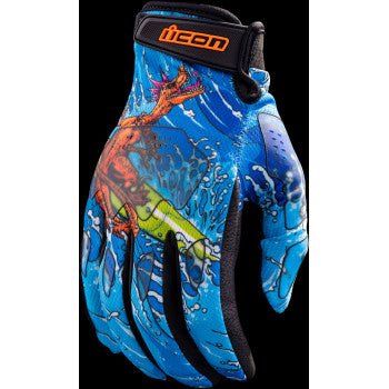 Blue ICON Hooligan Dino Fury gloves in 3XL size, featuring durable construction with detailed branding and padding.