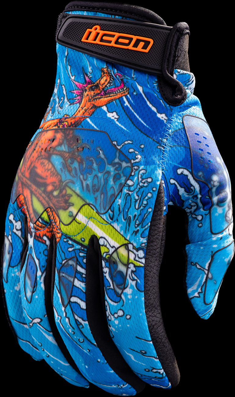 Blue ICON Hooligan Dino Fury Gloves for small hands, featuring durable construction and bold design by Bill's Exhausts.