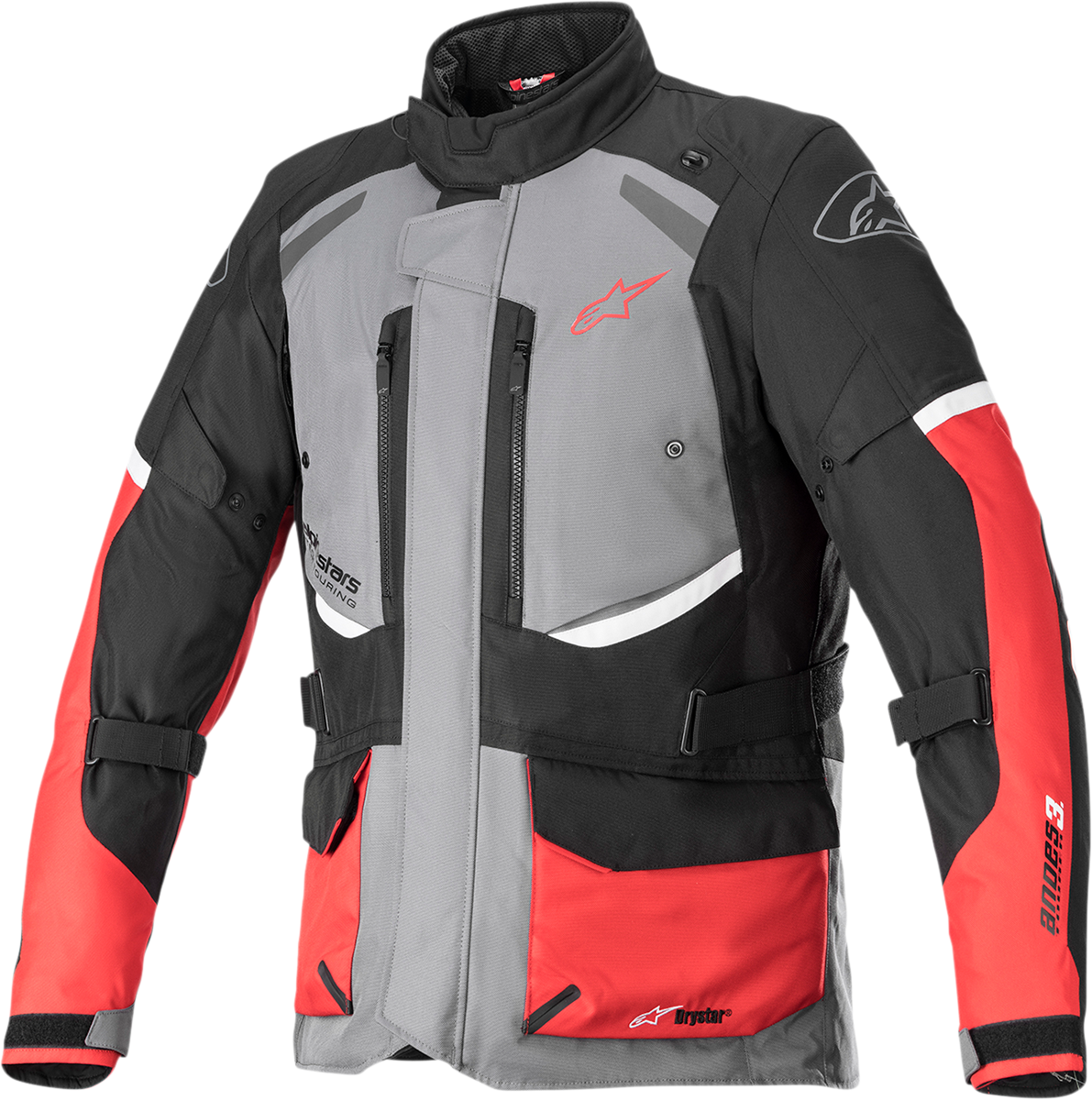 Alpinestars Andes v3 motorcycle jacket in gray, black, and red, size XL, featuring protective armor and sporty design.