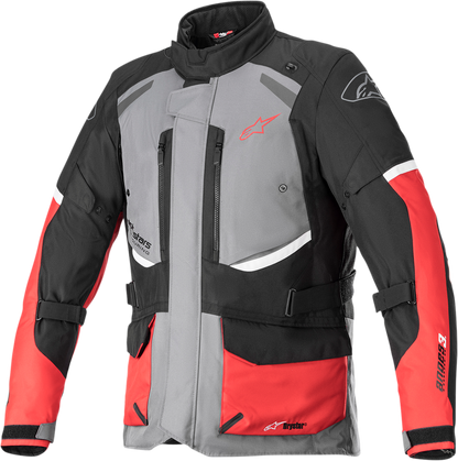 Alpinestars Andes v3 motorcycle jacket in gray, black, and red, size XL, featuring protective armor and sporty design.