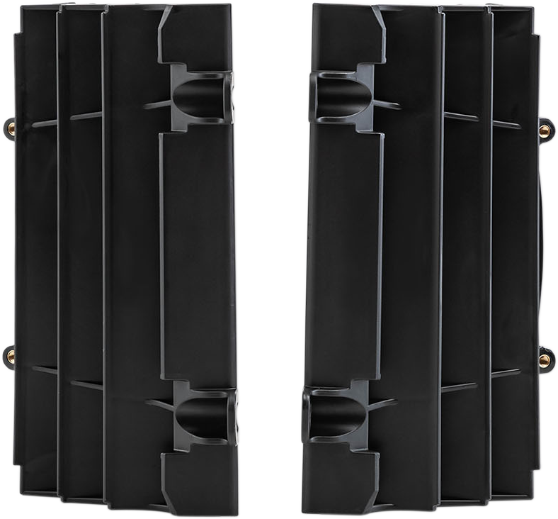 Black Acerbis radiator louvers for KTM motorcycle, body accessory with vented design, designed to protect and enhance radiator appearance.