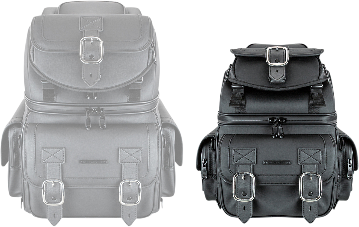 Black SADDLEMEN BR1800D Sissy Bar Bag mounted on a motorcycle seat, designed for secure storage and easy access.