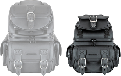 Black SADDLEMEN BR1800D Sissy Bar Bag mounted on a motorcycle seat, designed for secure storage and easy access.