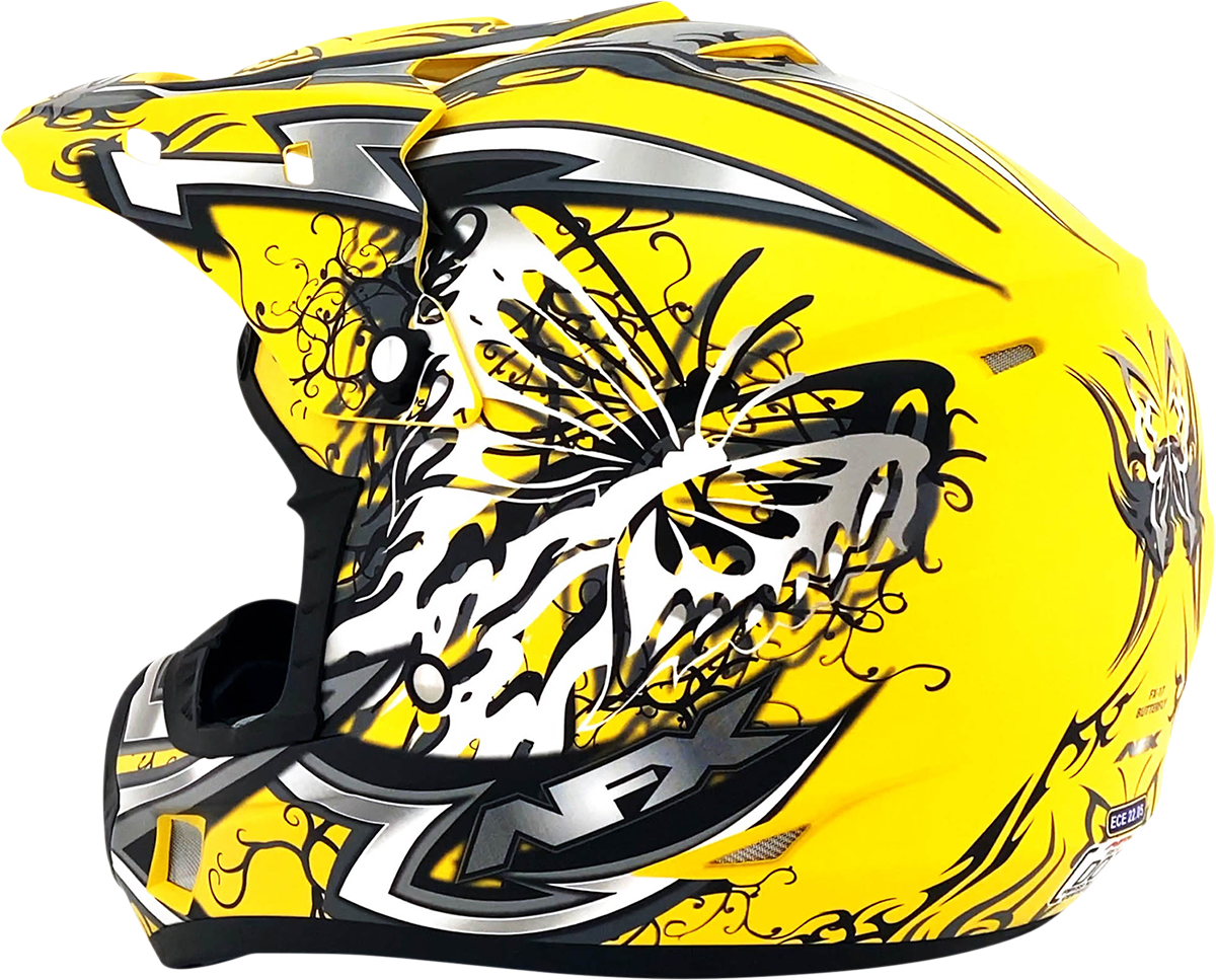 Bill's Exhausts AFX FX-17 Butterfly helmet in matte yellow, XL size, with sleek design and secure chin strap.