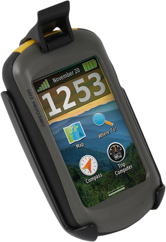 RAM MOUNTS Garmin Oregon device cradle, engine mount by Bill's Exhausts, designed for secure GPS device attachment.