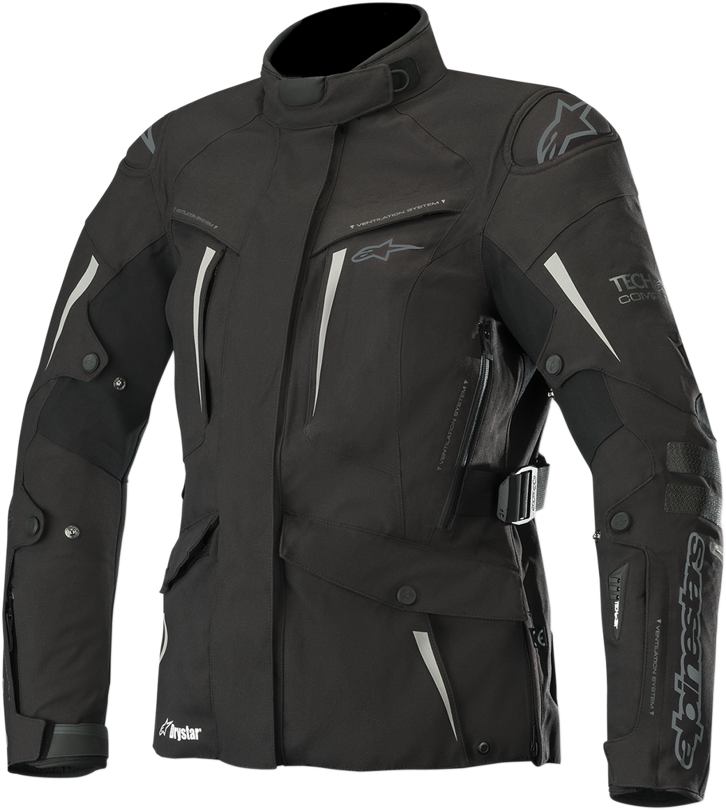 Alpinestars Stella Yaguara Drystar motorcycle jacket in black and anthracite, large size, with visible zip and protective design features.