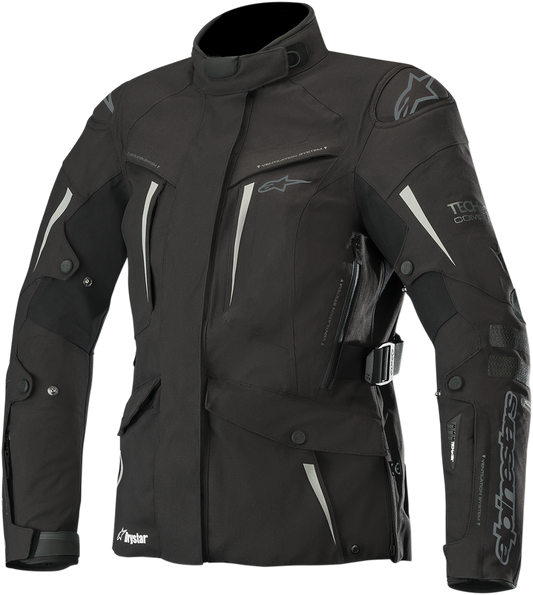 Alpinestars Stella Yaguara Drystar motorcycle jacket in black and anthracite, large size, with visible zip and protective design features.