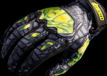 Bill's Exhausts ICON Hooligan Outbreak™ gloves in green, 3XL size, showing the rugged design and textured surface for durability.