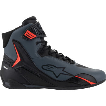 Alpinestars Faster-4 racing shoes in black, gray, and red with US 12.5 size, showcasing sporty design and ankle support.