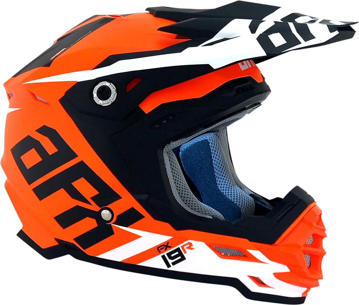 Bill's Exhausts AFX FX-19R racing helmet in matte orange, large size, with a sleek aerodynamic design and clear visor.