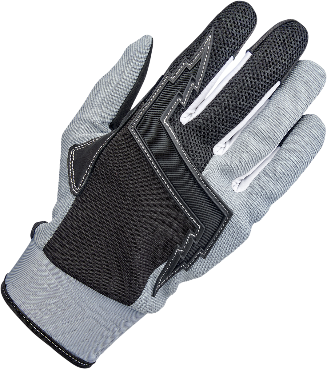 Gray BILTWELL Baja motorcycle gloves in 2XL size with reinforced knuckles and adjustable wrist straps, designed for riding comfort.