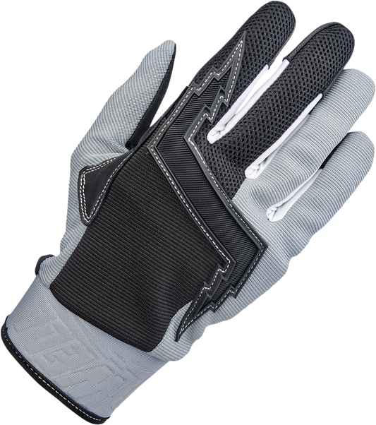 Gray BILTWELL Baja Gloves for riding, medium size, showing the textured fabric and secure wrist closure.