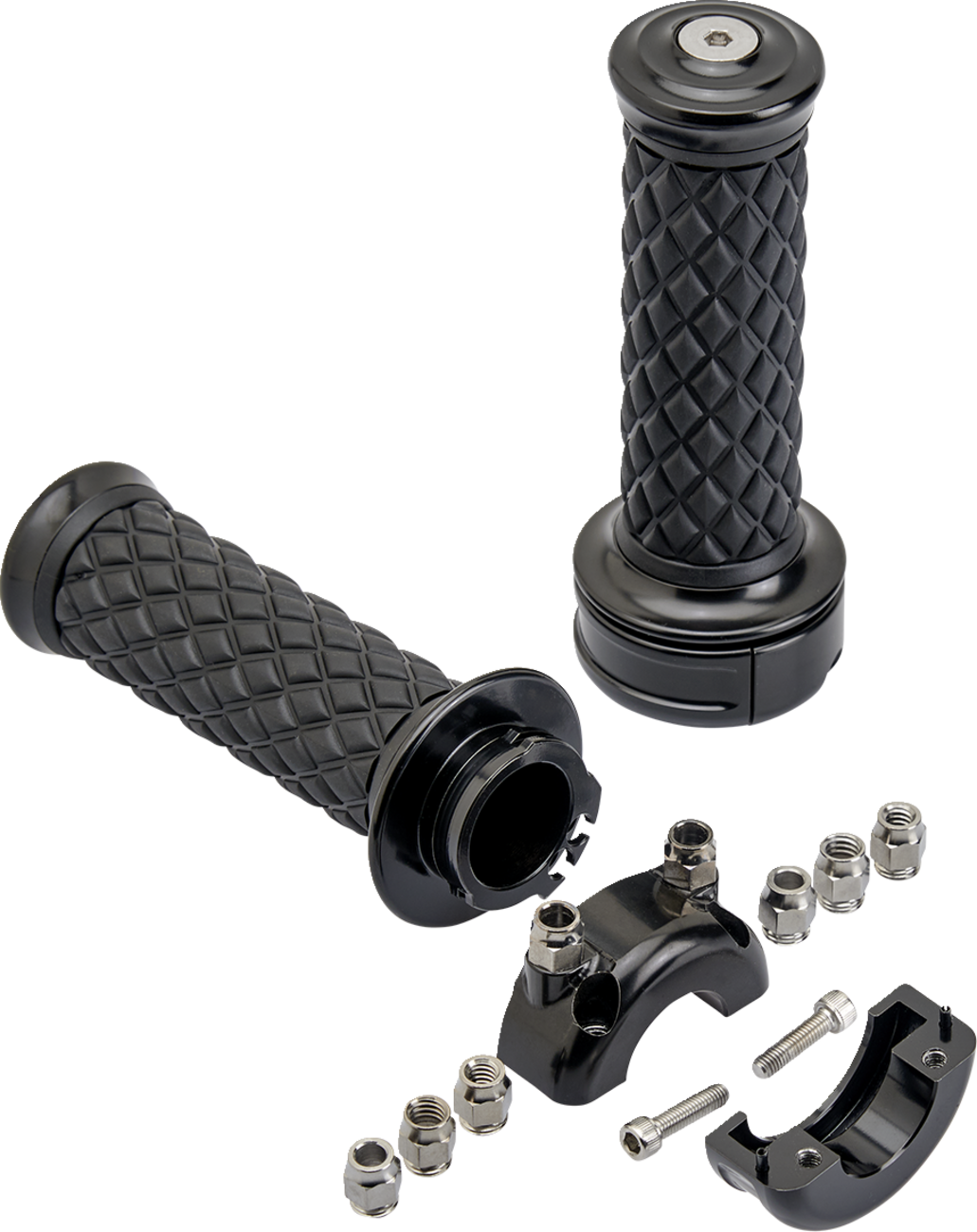 Black Alumicore motorcycle grips by Bill's Exhausts, with a sleek, textured design for enhanced grip and style.