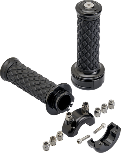 Black Alumicore motorcycle grips by Bill's Exhausts, with a sleek, textured design for enhanced grip and style.