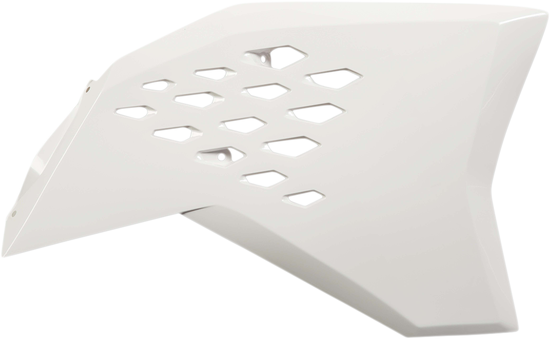 White ACERBIS radiator shrouds for motorcycle body, featuring sleek design and branding details on the product.