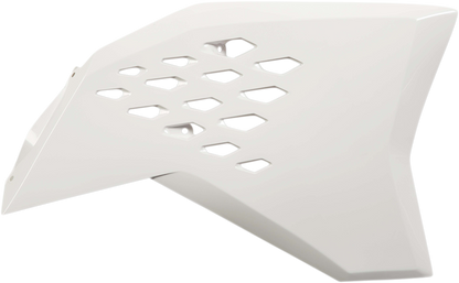 White ACERBIS radiator shrouds for motorcycle body, featuring sleek design and branding details on the product.