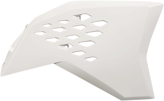 White ACERBIS radiator shrouds for motorcycle body, featuring sleek design and branding details on the product.