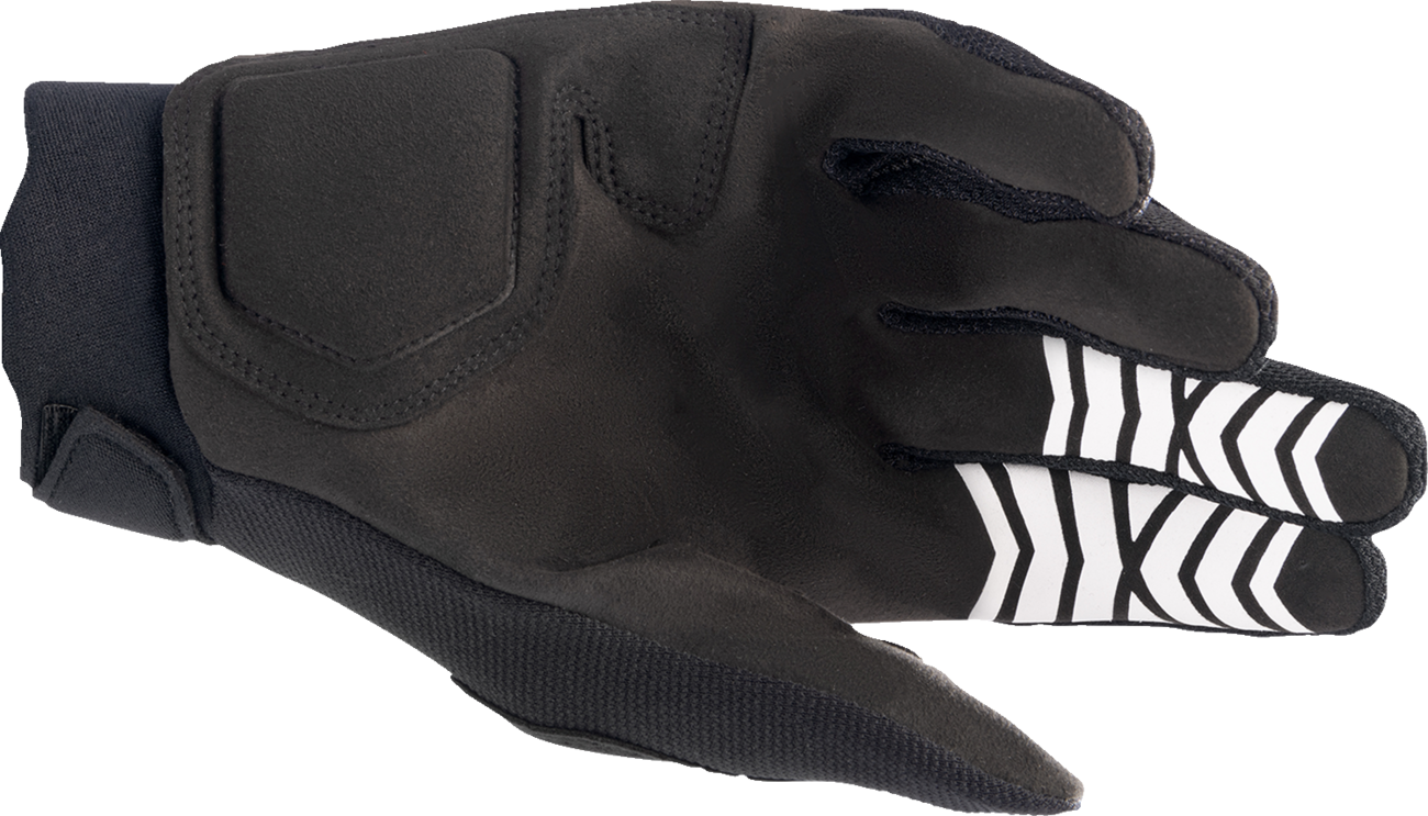 Alpinestars Full Bore XT motorcycle gloves in black, bright red, and blue, size small, with protective knuckles and adjustable wrist straps.