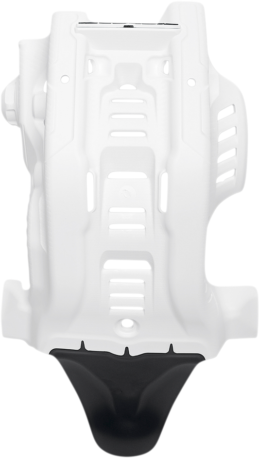 A large white and black Acerbis skid plate for Husqvarna motorcycles, designed to protect the bike's underside.