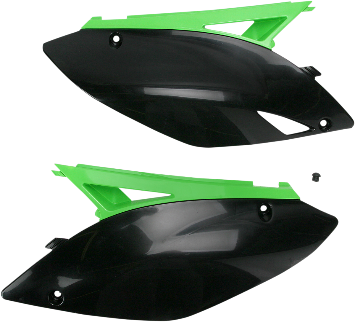 A set of ACERBIS black and green side panels for motorcycle body customization, featuring sleek design and durable material.