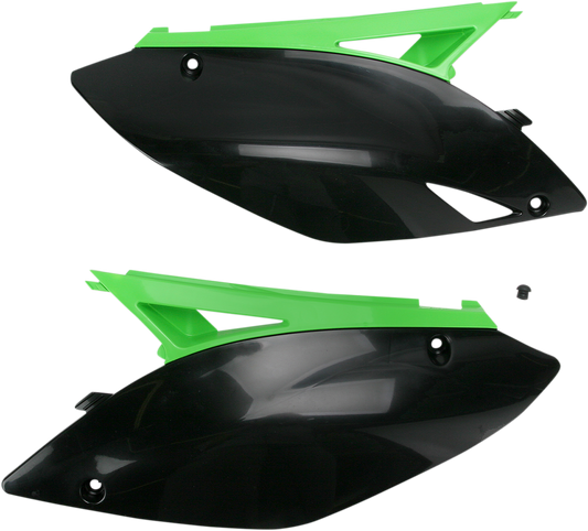 A set of ACERBIS black and green side panels for motorcycle body customization, featuring sleek design and durable material.
