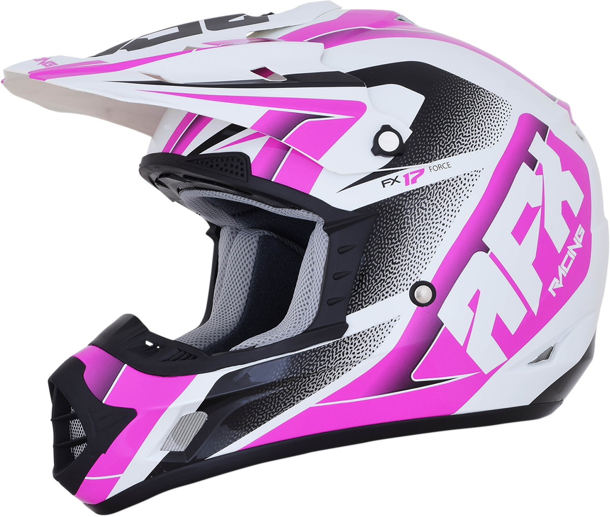 Pearl white and fuchsia AFX FX-17 Force helmet by Bill's Exhausts, medium size, with sleek aerodynamic design and clear visor.