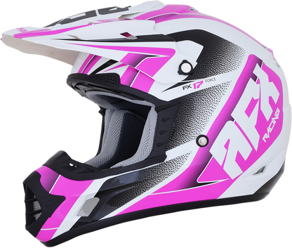 Pearl white and fuchsia AFX FX-17 Force helmet by Bill's Exhausts, medium size, with sleek aerodynamic design and clear visor.