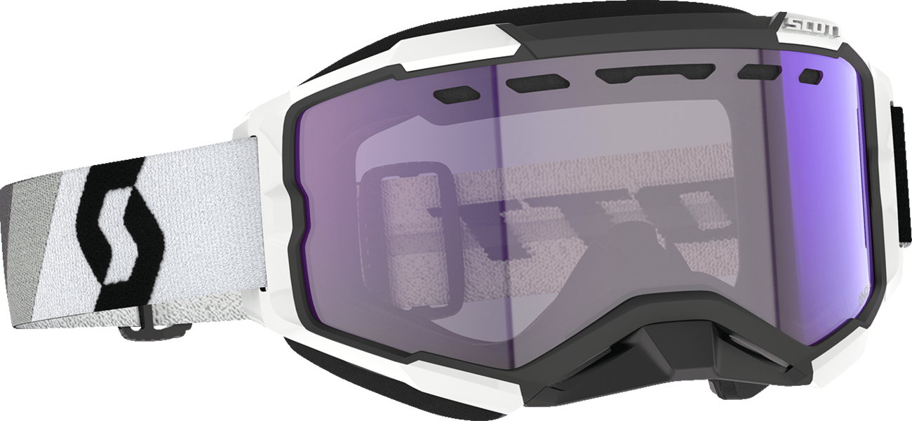 Bill's Exhausts SCOTT Fury Snow Cross Goggle with black and white frame and light-sensitive blue chrome lens, designed for snow sports.