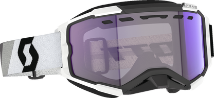 Bill's Exhausts SCOTT Fury Snow Cross Goggle with black and white frame and light-sensitive blue chrome lens, designed for snow sports.