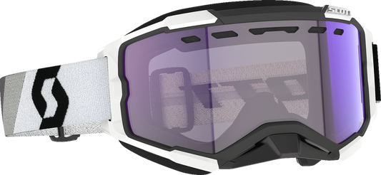 Bill's Exhausts SCOTT Fury Snow Cross Goggle with black and white frame and light-sensitive blue chrome lens, designed for snow sports.