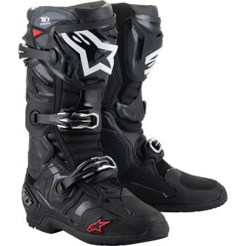 Alpinestars Tech 10 Enduro Boots in black with protective knee guards, durable motocross boots for off-road riding.
