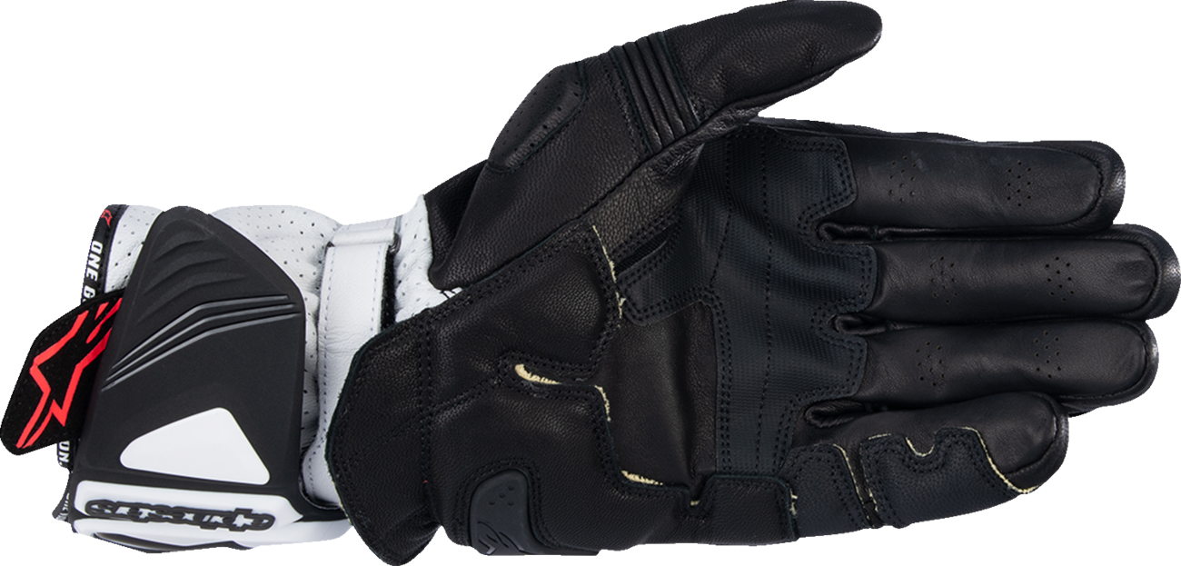Alpinestars GP Pro R4 motorcycle gloves in black and white, small size, with protective armor and branding visible.