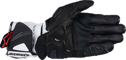 Alpinestars GP Pro R4 motorcycle gloves in black and white, small size, with protective armor and branding visible.