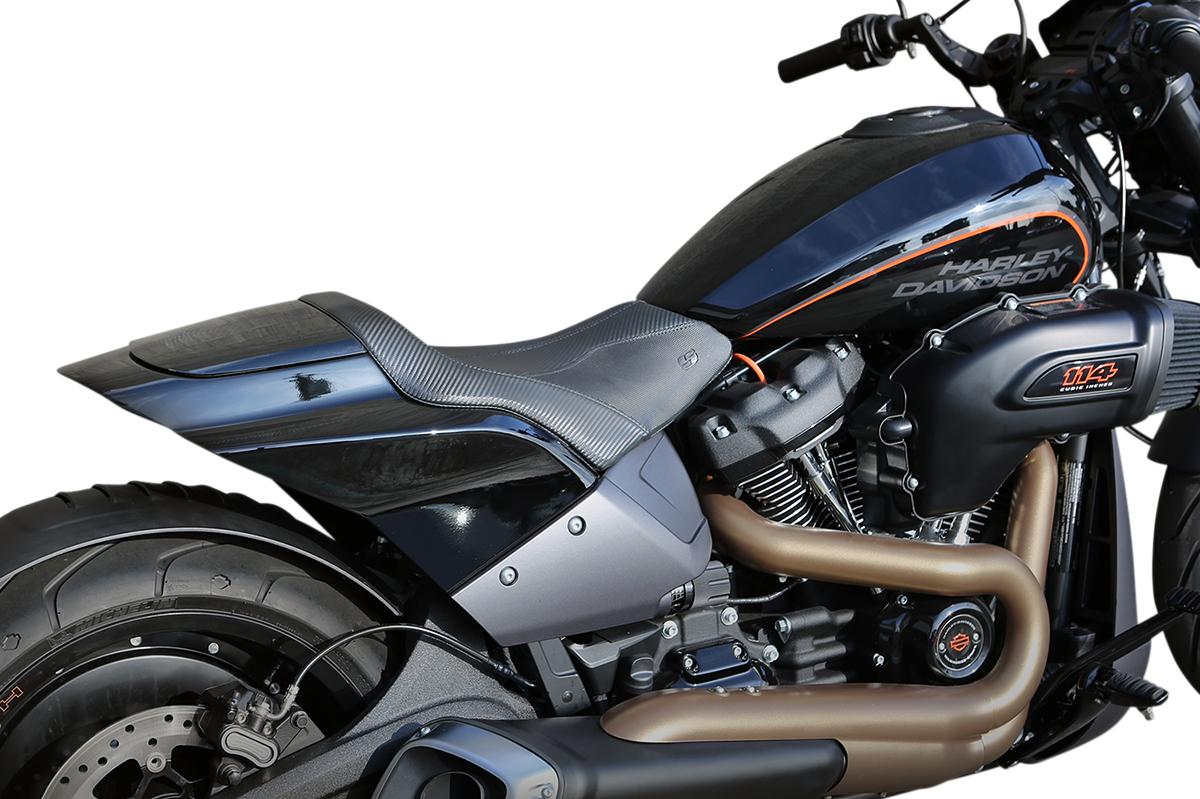 Bill's Exhausts SADDLEMEN GP-V1 Solo Seat for FXDR motorcycle, featuring sleek black seat with textured surface and ergonomic design.