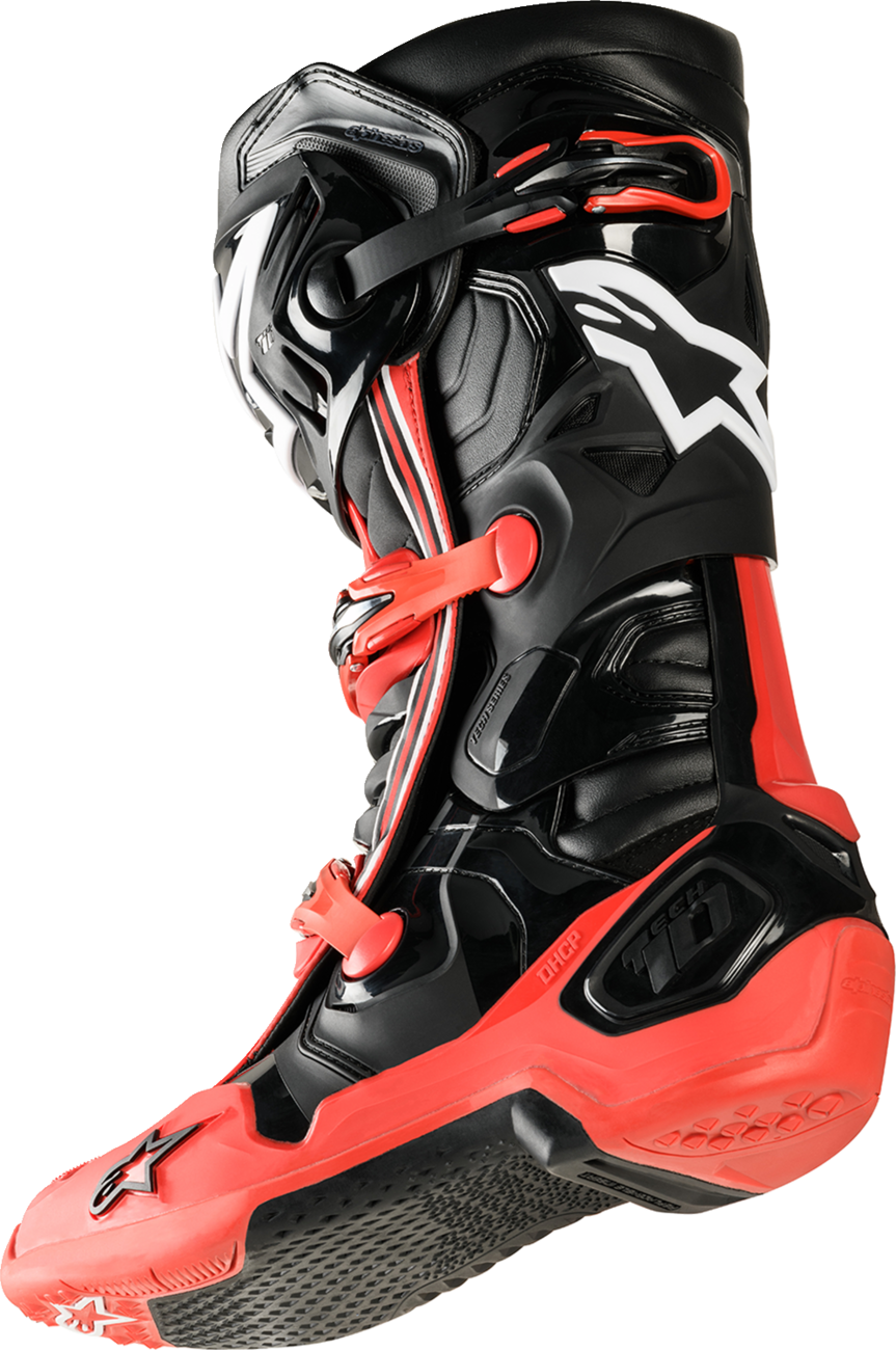 Alpinestars Tech 10 Acumen motorcycle boots in black and red, US size 12, with protective features and sporty design.