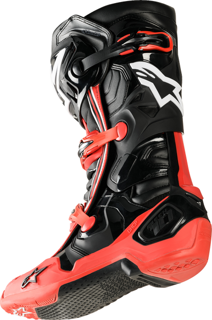 Alpinestars Tech 10 Acumen motorcycle boots in black and red, US size 12, with protective features and sporty design.