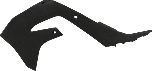 Black metallic Acerbis radiator shrouds for motorcycle body protection, designed for durability and a sleek look.
