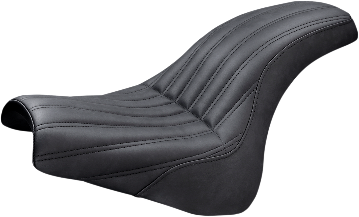 Black SADDLEMEN Knuckle 2-Up Seat with ribbed design, suitable for motorcycle riding comfort and style.