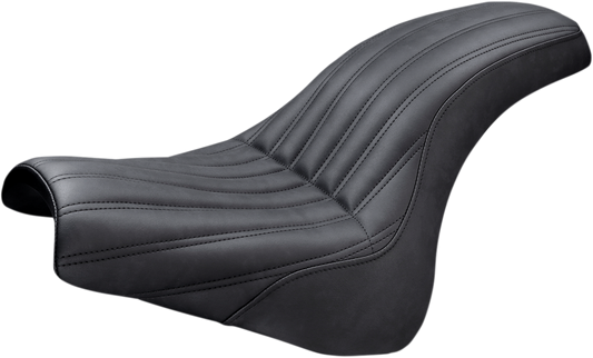 Black SADDLEMEN Knuckle 2-Up Seat with ribbed design, suitable for motorcycle riding comfort and style.