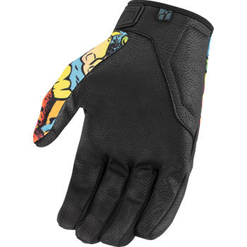 Bill's Exhausts ICON Hooligan™ Scatterbrain gloves in small size, black gloves with colorful patterned design and textured palms.