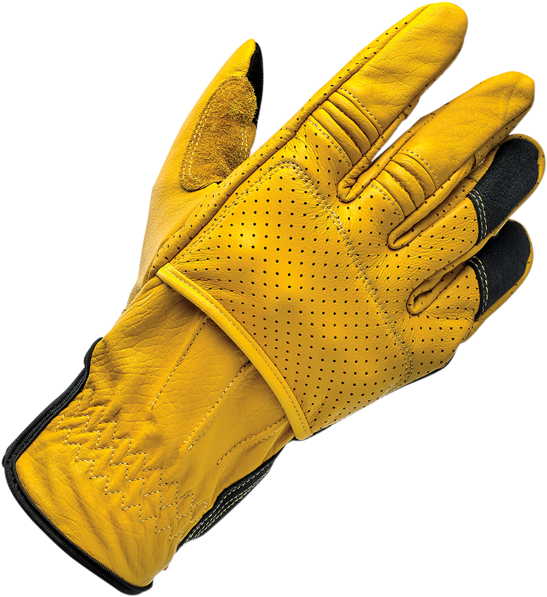 BILTWELL Borrego Gloves in gold and black, large size, showing the stylish leather gloves with detailed stitching and branding.