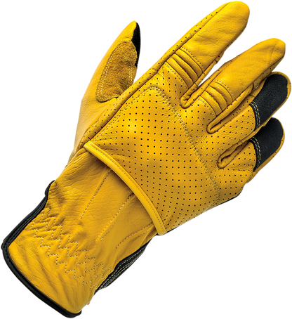 BILT WELL Borrego gloves in gold and black for small size, featuring leather construction and protective design.